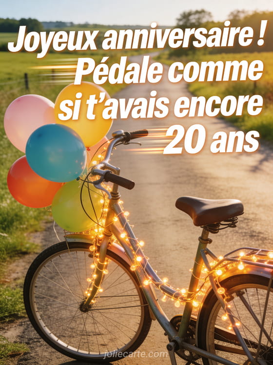 Vélo vintage décoré de guirlandes lumineuses et de ballons colorés sur une route de campagne ensoleillée