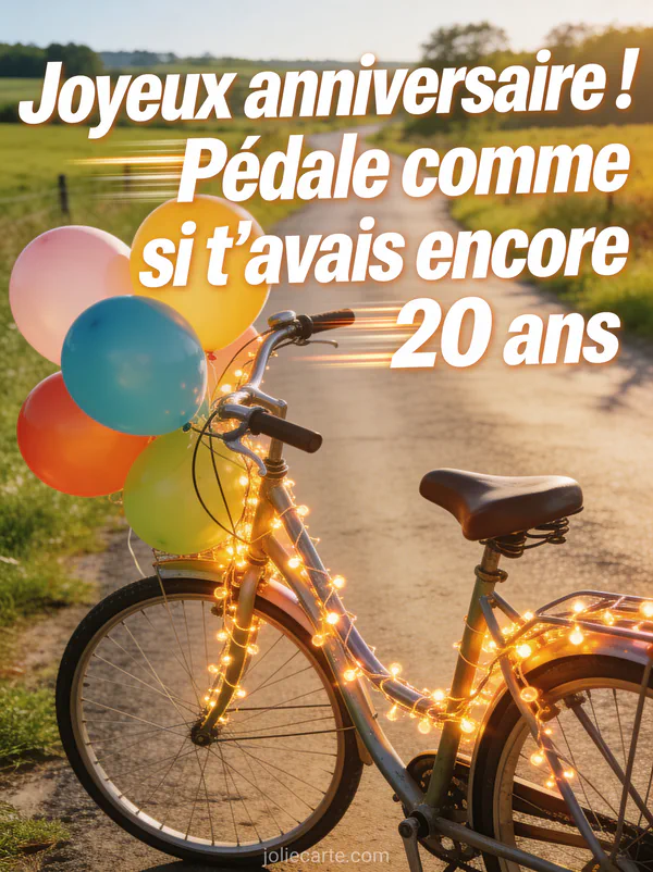 Vélo vintage décoré de guirlandes lumineuses et de ballons colorés sur une route de campagne ensoleillée