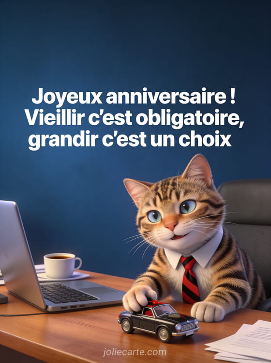 Chat tigré avec une cravate jouant avec une petite voiture sur un bureau de PDG en rendu 3D réaliste