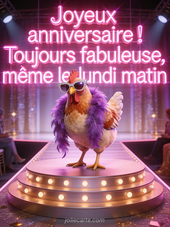 Poule glamour avec des lunettes de soleil en strass et un boa violet sur un podium de défilé en rendu 3D