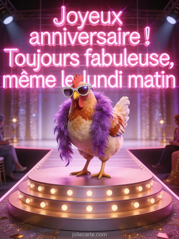 Poule glamour avec des lunettes de soleil en strass et un boa violet sur un podium de défilé en rendu 3D
