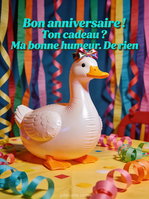 Canard en plastique géant avec un noeud cadeau sur la tête posé sur une table de fête avec serpentins