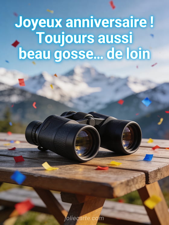 Paire de jumelles posée sur une table avec une vue floue de montagne et des confettis éparpillés avec bokeh doux