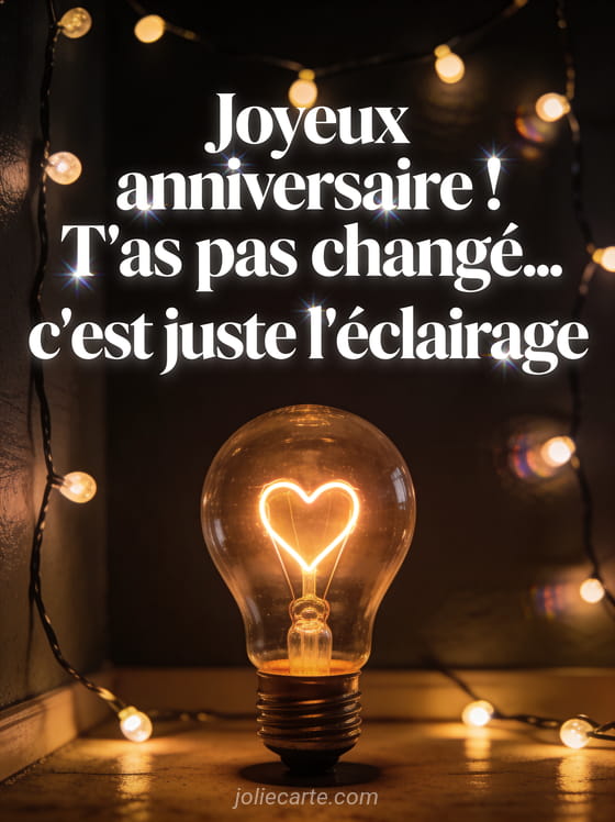 Ampoule vintage allumée avec un filament en forme de coeur dans une pièce sombre décorée de guirlandes lumineuses