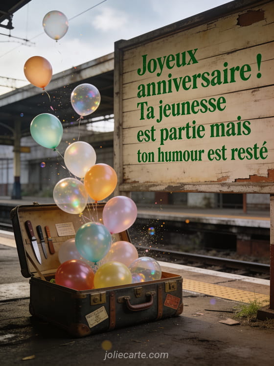 Vieille valise ouverte remplie de ballons colorés qui s'échappent sur un quai de gare abandonné en rendu photoéraliste