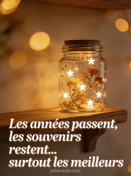 Bocal en verre rempli de petites étoiles lumineuses et de fleurs séchées posé sur une étagère en bois avec bokeh doré