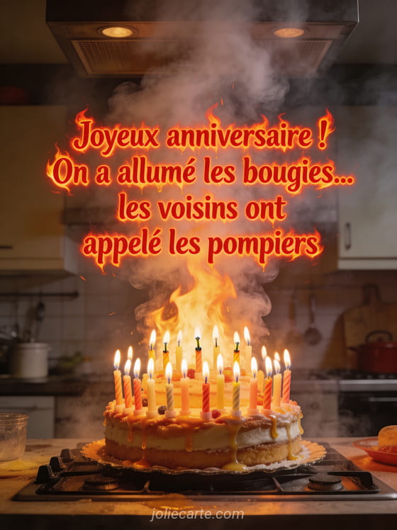 Gâteau d'anniversaire avec tellement de bougies qu'il ressemble à un feu de camp avec de la fumée en cuisine