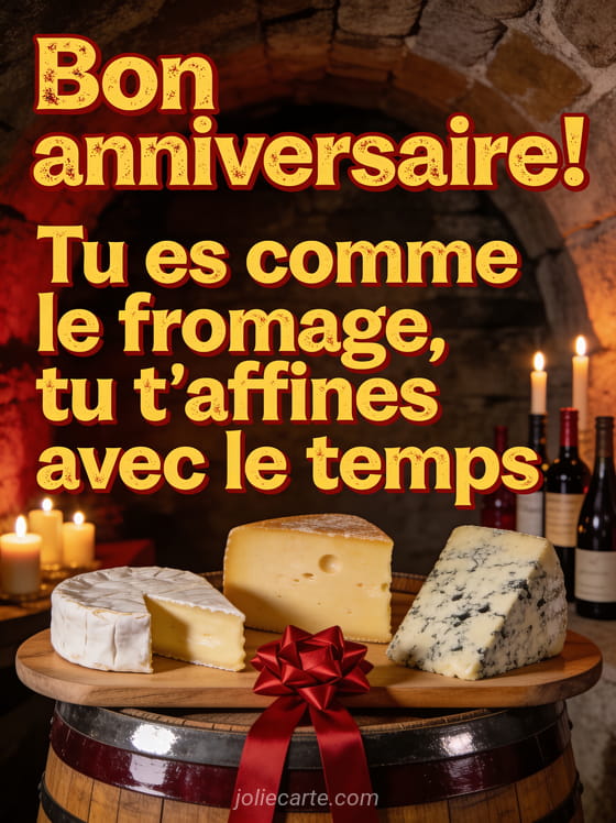 Plateau de fromages raffiné posé sur un tonneau de vin avec un noeud cadeau rouge dans une cave voûtée