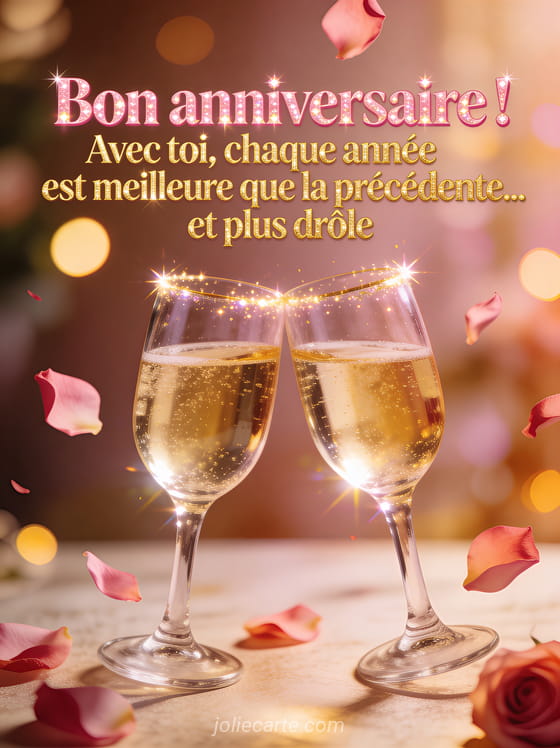 Deux verres de champagne qui trinquent avec des éclats lumineux et des pétales de rose sur fond festif