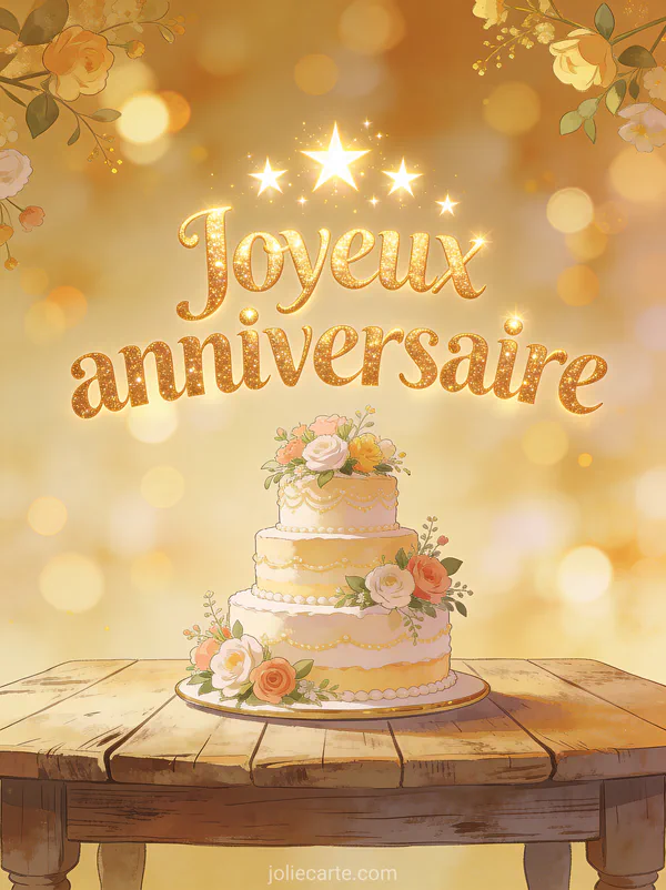 Texte Joyeux anniversaire en lettres dorées scintillantes avec étoiles lumineuses et gâteau à trois étages décoré de fleurs sur table rustique