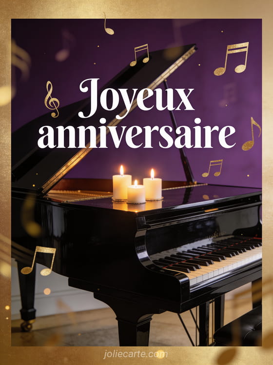 Texte Joyeux anniversaire en lettres blanches sur fond violet avec notes de musique dorées et piano à queue noir laqué avec bougies