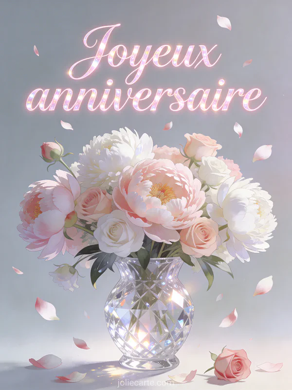 Texte Joyeux anniversaire en lettres cursives rose poudré avec bouquet de pivoines et roses dans un vase en cristal et pétales tombants