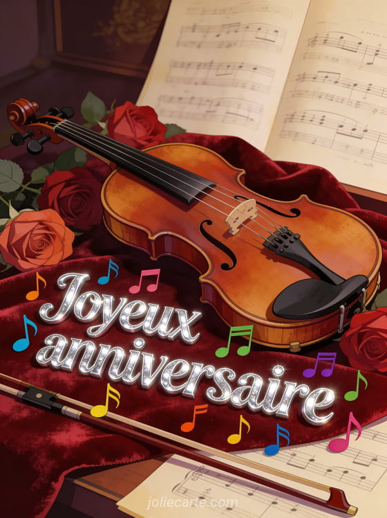 Texte Joyeux anniversaire en lettres argentées avec notes de musique colorées, violon sur velours rouge avec roses et partitions musicales