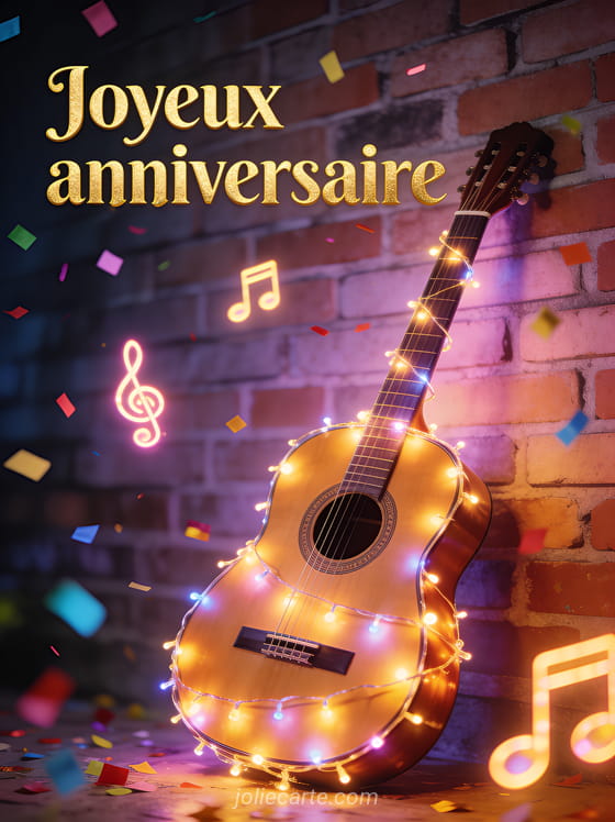 Texte Joyeux anniversaire en lettres dorées avec confettis colorés, guitare acoustique décorée de guirlandes lumineuses contre un mur de briques