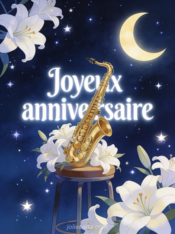 Texte Joyeux anniversaire en lettres blanches lumineuses sur fond bleu nuit étoilé avec saxophone doré, fleurs de lys et croissant de lune