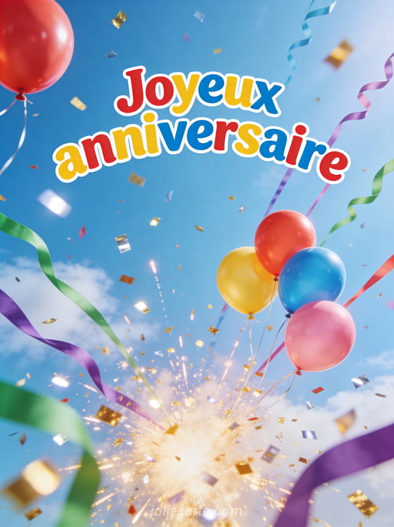 Texte Joyeux anniversaire en lettres colorées joyeuses avec ballons multicolores et explosion de confettis dorés et argentés dans un ciel bleu
