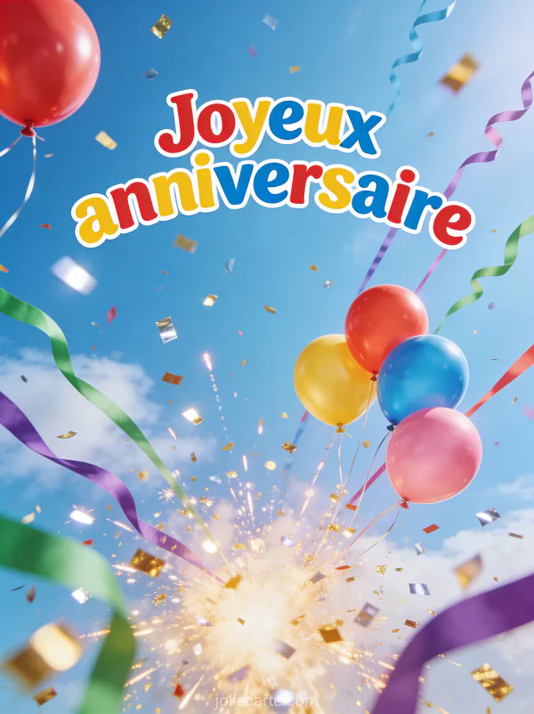Texte Joyeux anniversaire en lettres colorées joyeuses avec ballons multicolores et explosion de confettis dorés et argentés dans un ciel bleu
