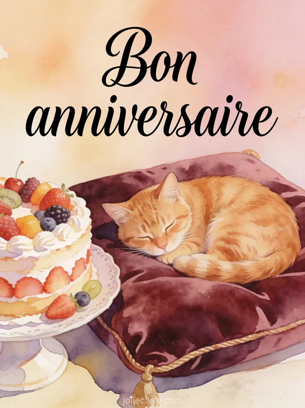 Texte Bon anniversaire en lettres manuscrites élégantes sur fond aquarelle pastel avec chat roux endormi sur coussin et gâteau aux fruits frais