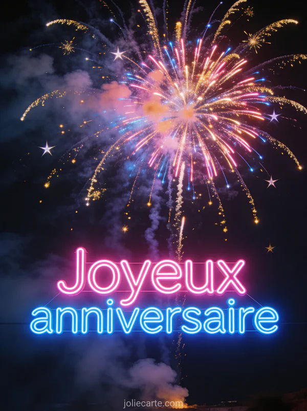 Texte Joyeux anniversaire en lettres lumineuses néon rose et bleu sur fond sombre avec feu d'artifice multicolore et étoiles filantes dorées