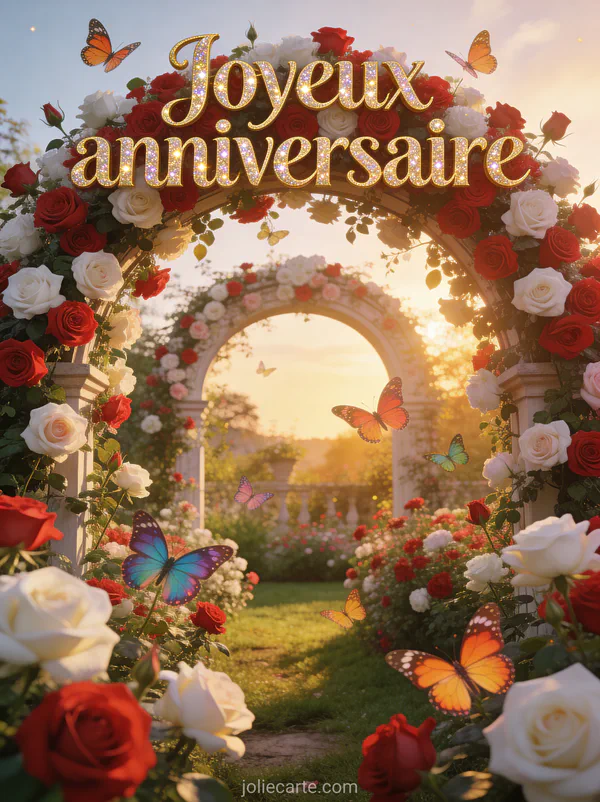 Texte Joyeux anniversaire en lettres dorées pailletées avec jardin de roses rouges et blanches, arche fleurie et papillons colorés au coucher de soleil