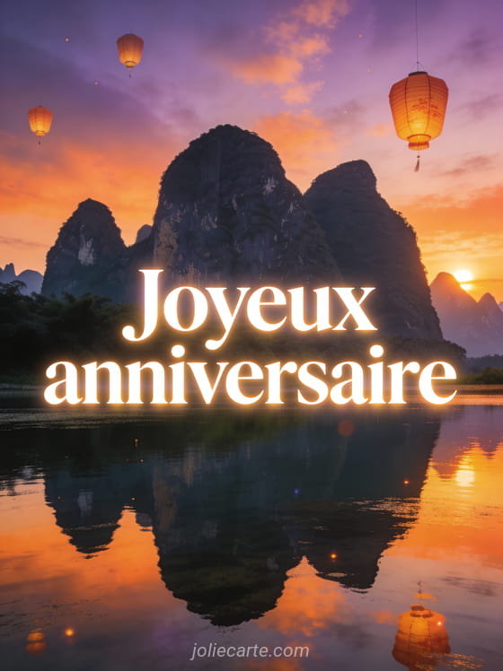 Texte Joyeux anniversaire en lettres blanches lumineuses avec paysage de montagne au lever du soleil, lac miroir et lanternes chinoises flottantes