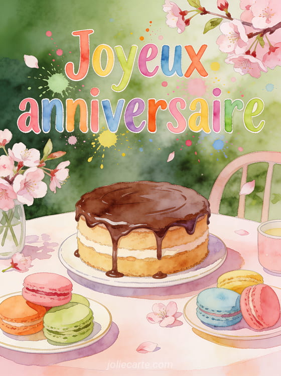 Texte Joyeux anniversaire en lettres aquarelle multicolores avec gâteau au chocolat, macarons colorés et fleurs de cerisier sur table de fête