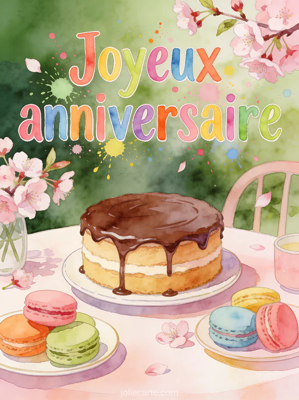 Texte Joyeux anniversaire en lettres aquarelle multicolores avec gâteau au chocolat, macarons colorés et fleurs de cerisier sur table de fête