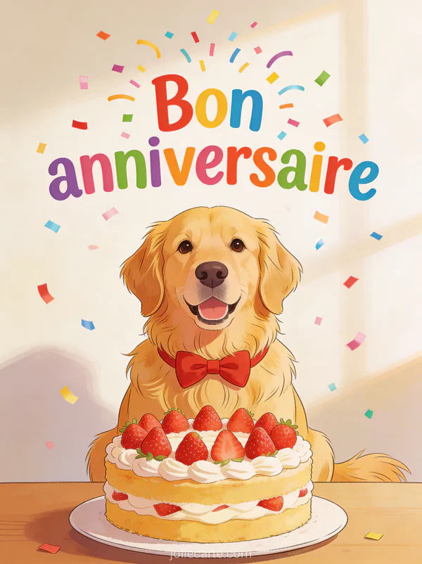 Texte Bon anniversaire en lettres colorées festives avec golden retriever portant noeud papillon rouge devant gâteau décoré de fraises