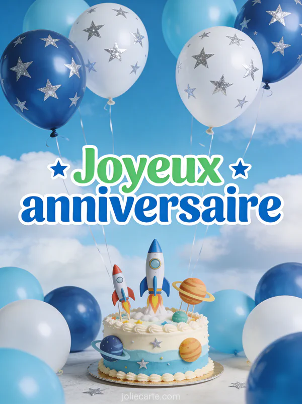 Texte Joyeux anniversaire en lettres bleues et vertes avec ballons bleus et blancs, gâteau décoré de fusées et planètes sur fond bleu ciel