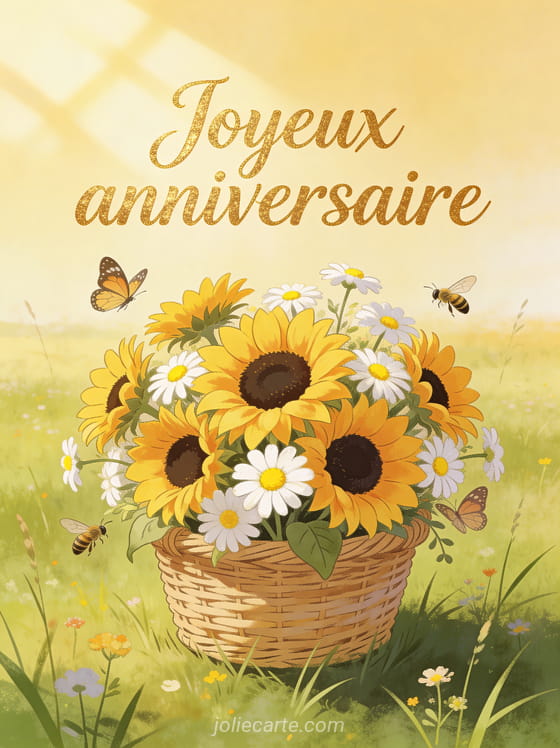 Texte Joyeux anniversaire en lettres dorées calligraphiées avec tournesols et marguerites dans un panier en osier, papillons et prairie ensoleillée
