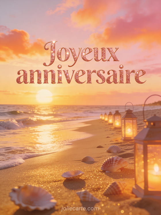 Texte Joyeux anniversaire en lettres roses pailletées avec coucher de soleil sur la mer, coquillages sur le sable et lanternes de plage allumées
