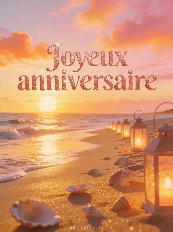 Texte Joyeux anniversaire en lettres roses pailletées avec coucher de soleil sur la mer, coquillages sur le sable et lanternes de plage allumées