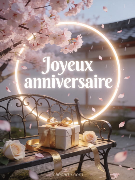 Texte Joyeux anniversaire en lettres blanches lumineuses avec cerisier en fleurs rose pâle, pluie de pétales, banc en fer forgé et cadeau doré