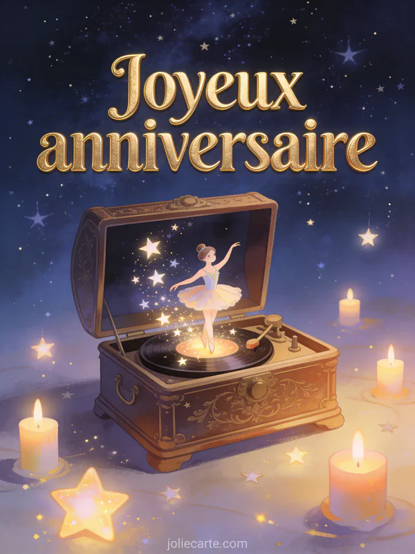 Texte Joyeux anniversaire en lettres dorées en relief sur ciel étoilé avec boîte à musique ancienne ouverte, ballerine et bougies flottantes