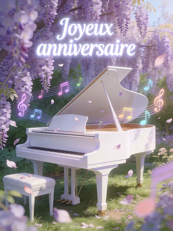 Texte Joyeux anniversaire en lettres blanches lumineuses avec piano blanc dans jardin fleuri de glycines mauves et pétales volant au vent