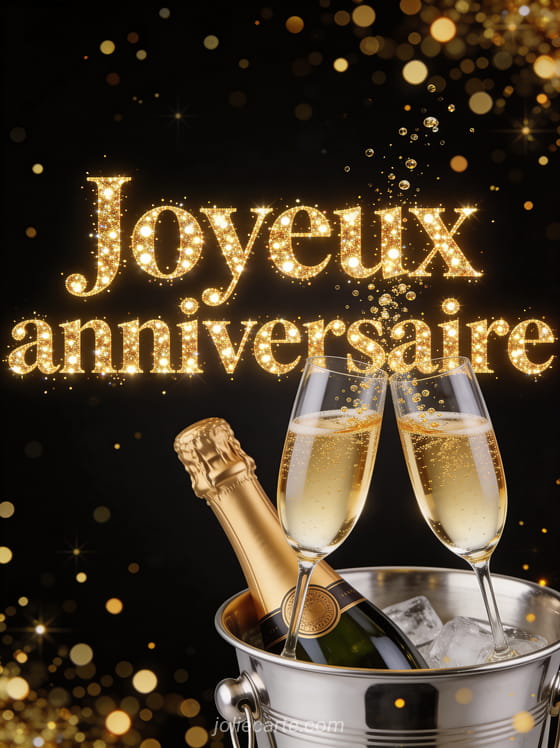 Texte Joyeux anniversaire en lettres dorées scintillantes avec deux coupes de champagne qui trinquent, bulles dorées et bouteille dans seau à glace argenté