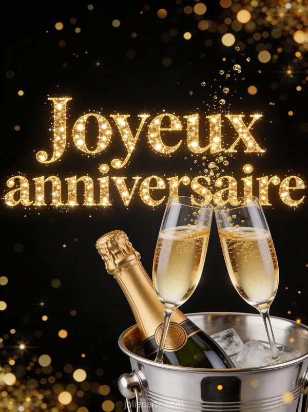 Texte Joyeux anniversaire en lettres dorées scintillantes avec deux coupes de champagne qui trinquent, bulles dorées et bouteille dans seau à glace argenté