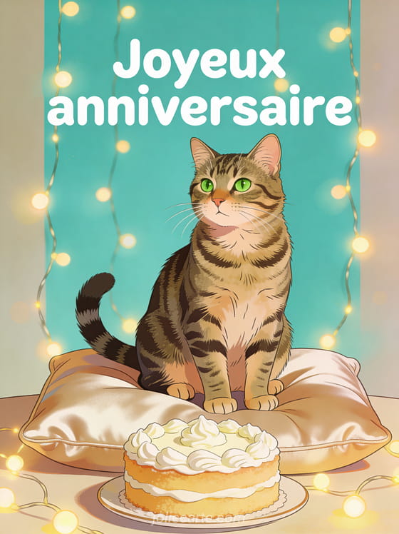 Texte Joyeux anniversaire en lettres blanches arrondies sur fond turquoise avec chat tigré aux yeux verts sur coussin de soie devant gâteau à la crème