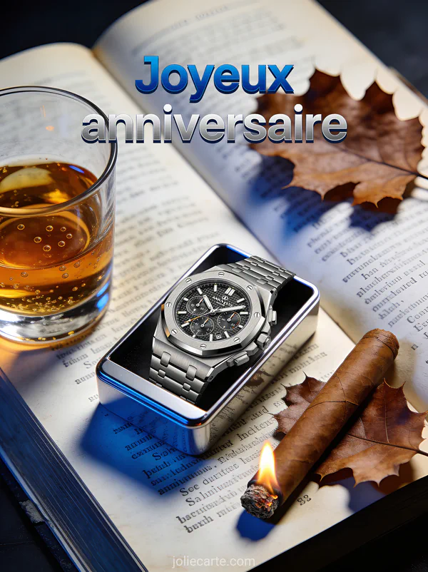Texte Joyeux anniversaire en lettres bleues et argentées avec montre de luxe sur livre ancien, verre de whisky ambré et feuilles de chêne