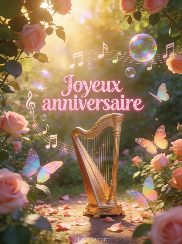 Texte Joyeux anniversaire en lettres roses pailletées avec harpe dorée dans jardin de roses, papillons et notes de musique flottant comme des bulles irisées