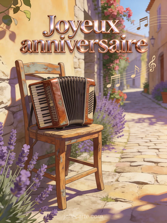 Texte Joyeux anniversaire en lettres cuivrées métalliques avec accordéon vintage dans ruelle provençale fleurie de lavande et bougainvilliers