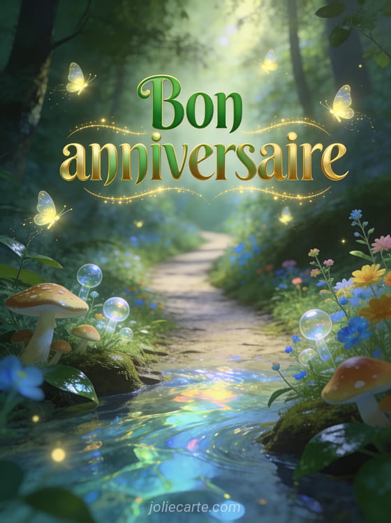 Texte Bon anniversaire en lettres vertes et dorées avec chemin de forêt enchantée, lucioles lumineuses, champignons féériques et ruisseau cristallin