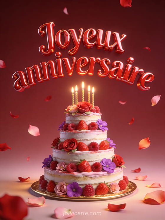 Texte Joyeux anniversaire en lettres 3D rouge vif avec gâteau spectaculaire à cinq étages couvert de fruits rouges et fleurs comestibles