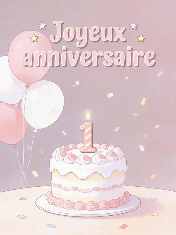 Texte Joyeux anniversaire en lettres pastel douces avec petit gâteau smash cake blanc et rose, bougie en chiffre 1, ballons roses et confettis légers