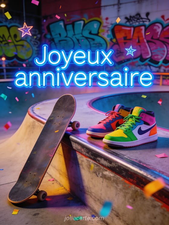 Texte Joyeux anniversaire en lettres bleues néon avec skateboard et baskets colorées sur rampe de skatepark, graffitis et confettis
