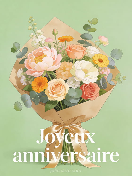 Texte Joyeux anniversaire en lettres blanches sur fond vert tendre avec bouquet de pivoines, roses, renoncules et eucalyptus en papier kraft