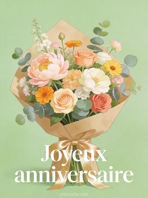 Texte Joyeux anniversaire en lettres blanches sur fond vert tendre avec bouquet de pivoines, roses, renoncules et eucalyptus en papier kraft