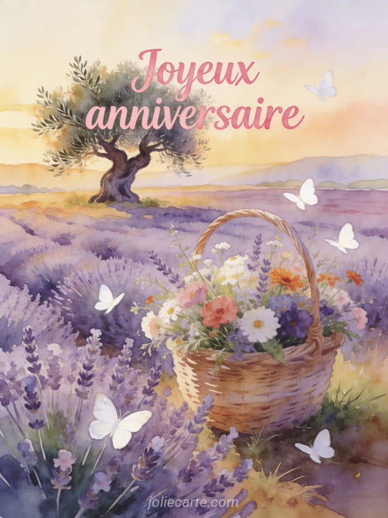 Texte Joyeux anniversaire en lettres roses aquarelle avec champ de lavande en Provence, olivier centenaire et panier de fleurs sauvages