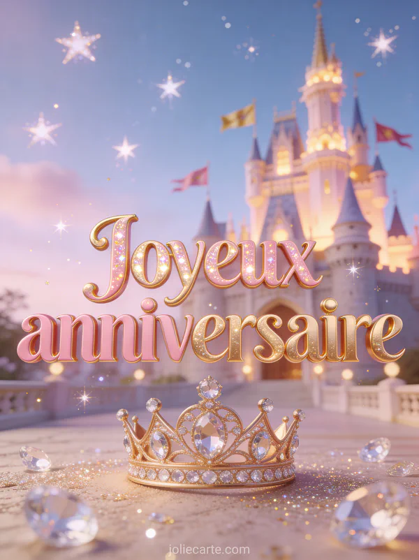 Texte Joyeux anniversaire en lettres roses et dorées pailletées avec château de conte de fées illuminé, couronne de princesse et étoiles scintillantes