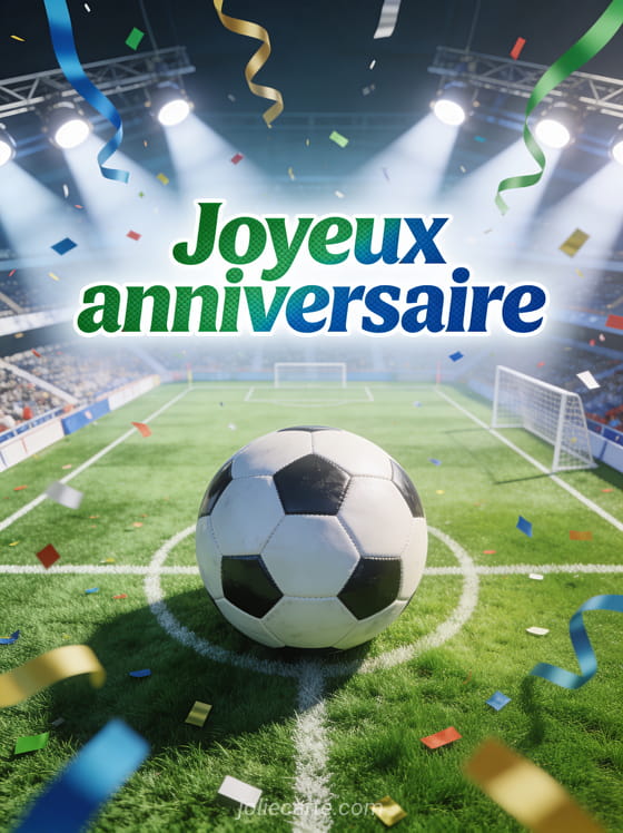 Texte Joyeux anniversaire en lettres vertes et bleues avec terrain de football vu du ciel, ballon de foot sur pelouse, confettis et projecteurs